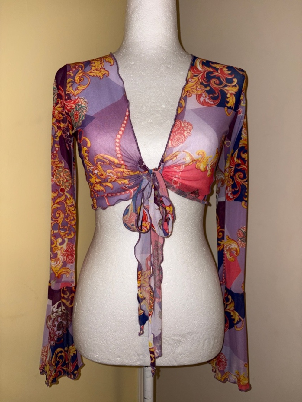 Black Bead Purple and Pink Baroque Print Crop Top